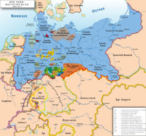 Staaten des Norddeutschen Bundes, Bildnachweis: Von Ziegelbrenner - own drawing/Source of Information: Putzger – Historischer Weltatlas, 89. Auflage, 1965; Westermanns Großer Atlas zur Weltgeschichte, 1969; Haacks geographischer Atlas. VEB Hermann Haack Geographisch-Kartographische Anstalt, Gotha/Leipzig, 1. Auflage, 1979; dtv-Atlas zur Weltgeschichte Band 1: Von den Anfängen bis zur Französischen Revolution; 23. Aufl. 1989, ISBN 3-423-03002-X, <a rel="nofollow noopener" target="_blank" href="https://creativecommons.org/licenses/by/2.5/">CC BY 2.5</a>, https://commons.wikimedia.org/w/index.php?curid=33150558
