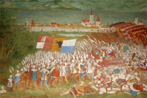 Schlacht bei Sempach; Bildlizenz: Von Photo: Roland ZumbühlFresco: Hans Rudolf Manuel (1525 - 1571), reworked by Hans Ulrich Wägmann (1583 - ca. 1648), Joseph Balmer (1828 - 1918) [1] - http://www.picswiss.ch/01-LU/s-LU-03/sLU-023-05.html, <a rel="nofollow noopener" target="_blank" href="http://creativecommons.org/licenses/by-sa/3.0/">CC BY-SA 3.0</a>, https://commons.wikimedia.org/w/index.php?curid=830340