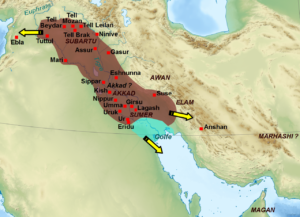 Reich von Akkad und deren Expansionsrichtungen (gelbe Pfeile), Von Middle_East_topographic_map-blank.svg: Sémhur (talk)derivative work: Zunkir (talk) - Middle_East_topographic_map-blank.svg, <a rel="nofollow noopener" target="_blank" href="http://creativecommons.org/licenses/by-sa/3.0/">CC BY-SA 3.0</a>, https://commons.wikimedia.org/w/index.php?curid=11968698