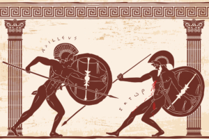 Szene aus dem Trojanischen Krieg: Zweikampf zwischen Achilles und Hektor