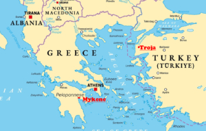 Ausschnitt einer Balkan-Karte von heute mit der ungefähren Lage von Troja und Mykene