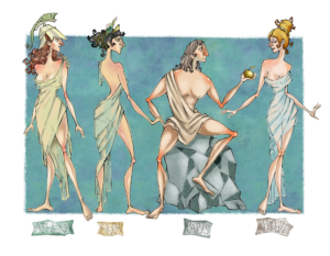 Illustration zum Urteil des Paris, Von rechts nach links: Athene, Hera, Paris mit dem goldenen Apfel, Afrodite